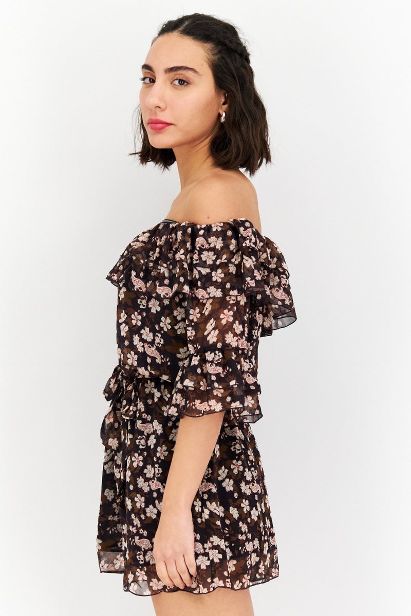 ONLY جمبسوت نسائي بأكمام قصيرة وطباعة زهور، مزيج بني - Image 4